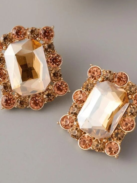 Jewelry - Large Retro Square Rhinestone Statement Stud Earrings Rose Gold 1.5"
